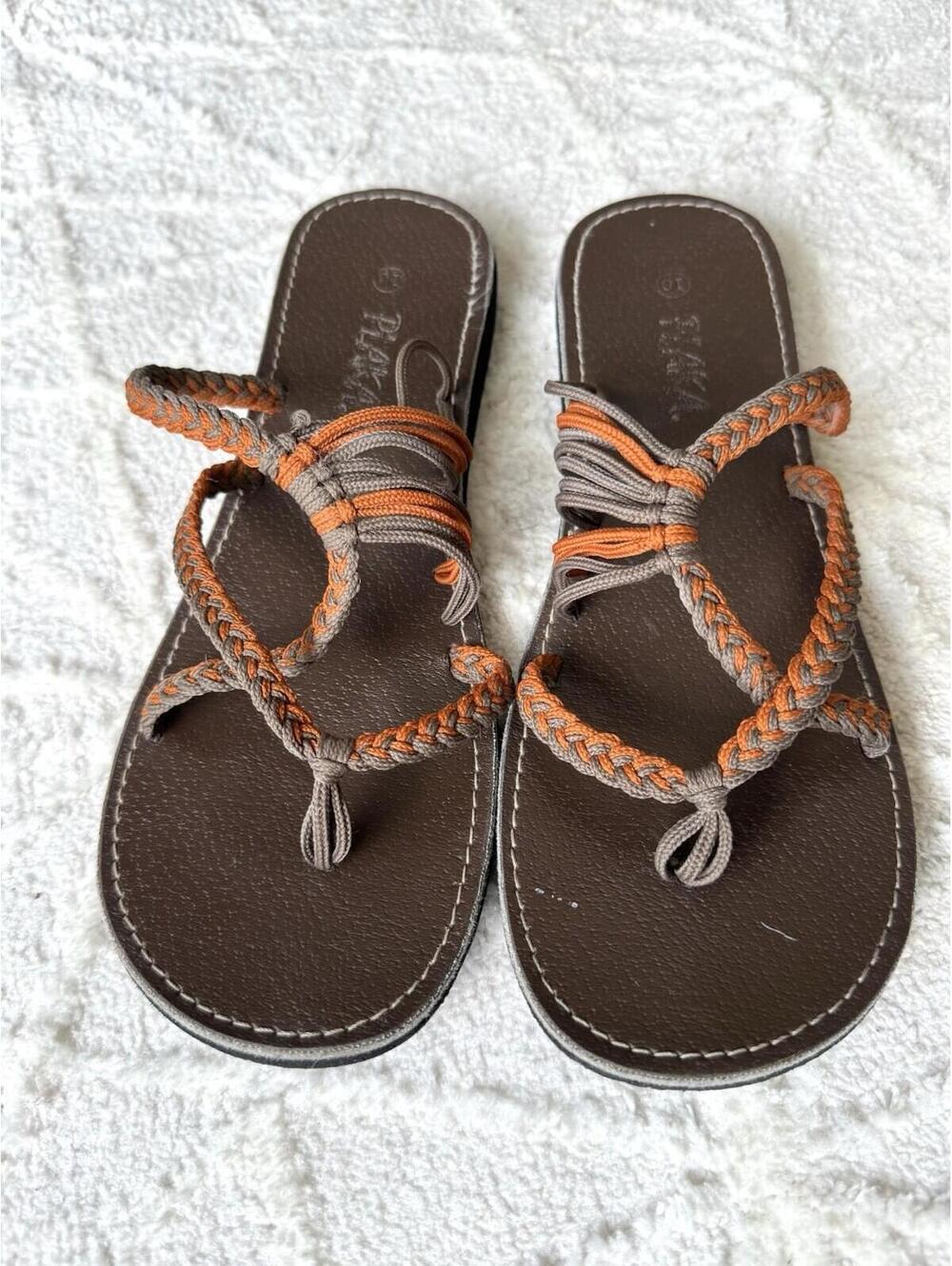 Plaka Flat Sandals Oceanside Brown Grey Orange Size 10